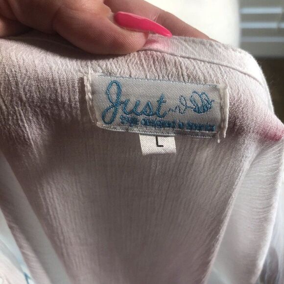 Just Bee White Beach Top Swim Cover L 100% Cotton Gauze 3/4 Sleeve Turquoise - Picture 12 of 12